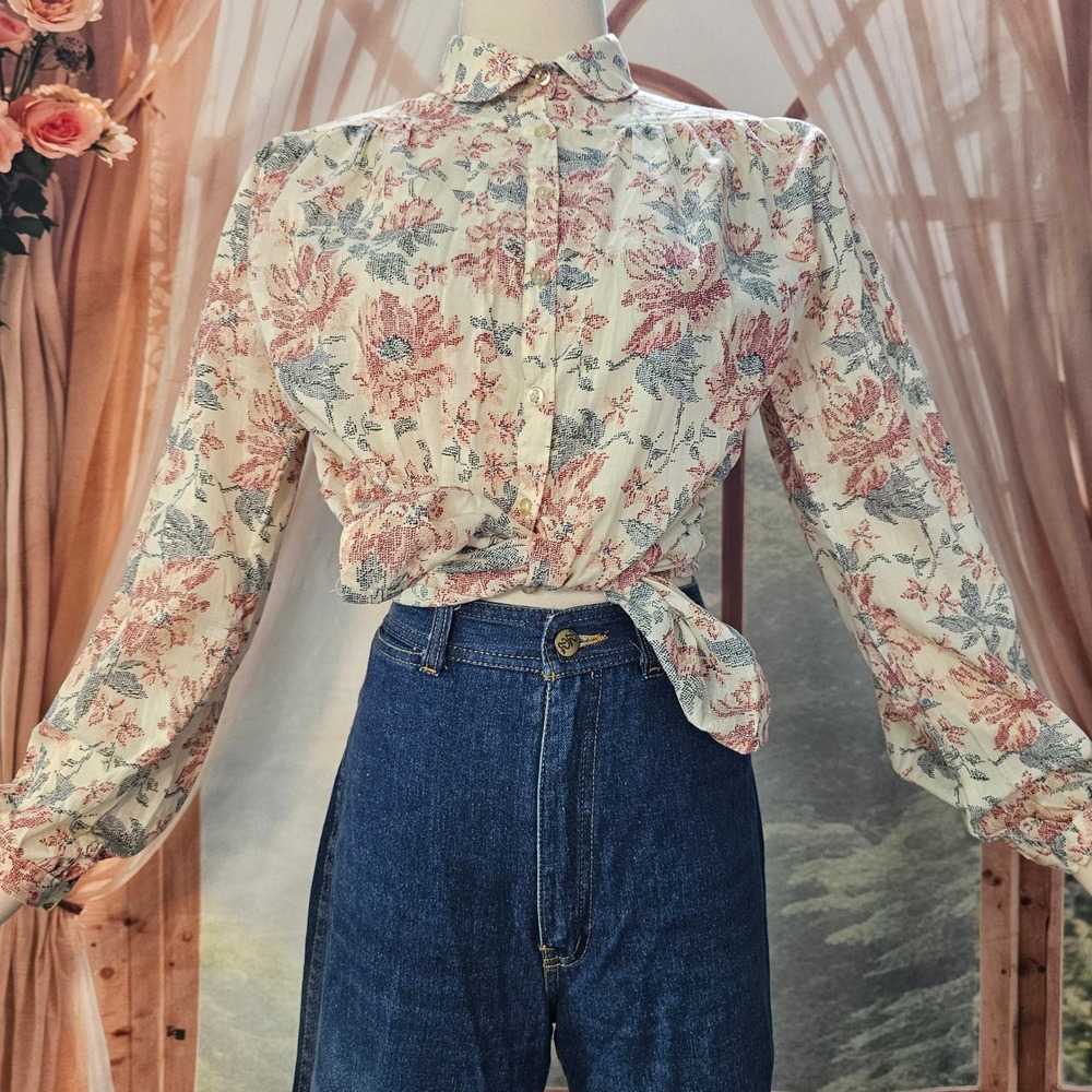 Vintage 1960's Floral Button Down Blouse Orange Label Long Sleeve Top
Cream Blue - Picture 7 of 12